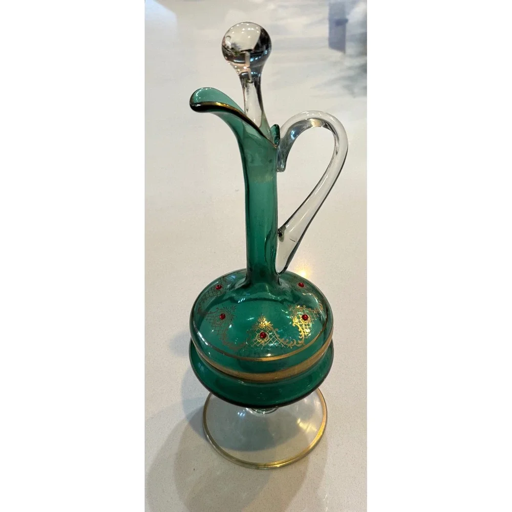 Vintage Venetian Emerald Green Glass Decanter Gold Gilt Jeweled‎ Cruet Stopper